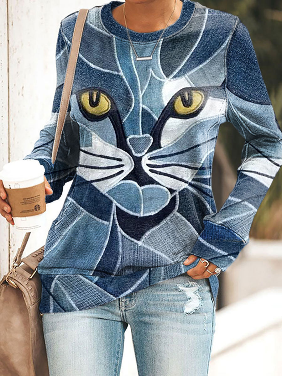 Women's Artistic Cat Print Sweatshirt