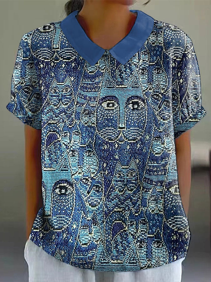 Women's art cat print lapel tops