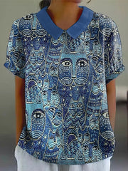 Women's art cat print lapel tops
