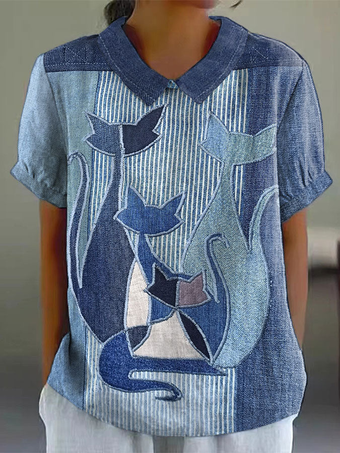 Women's art cat print lapel tops
