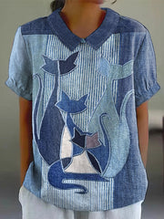 Women's art cat print lapel tops