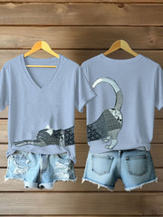 Women's Artistic Cat Print V-Neck T-Shirt