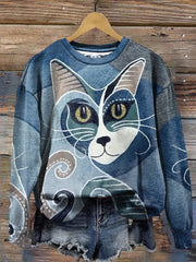 Women's Artistic Cat Print Casual Sweatshirt