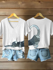 Women's Artistic Cat Print V-Neck T-Shirt