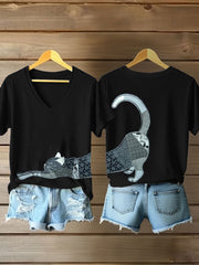 Women's Artistic Cat Print V-Neck T-Shirt