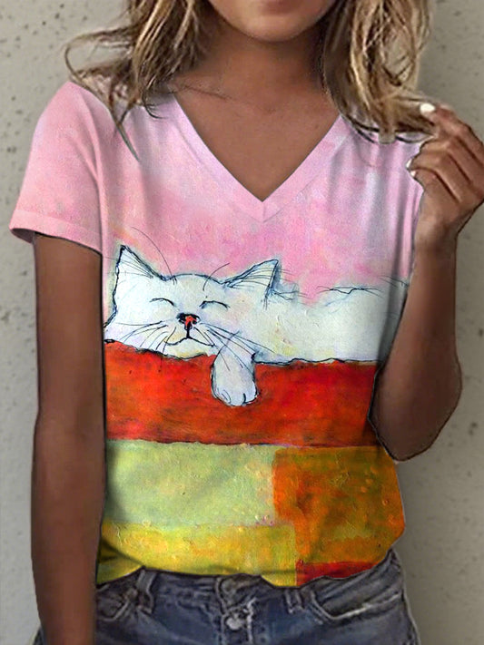 Women's Oil Painting Art Cat Print V-Neck T-Shirt