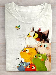 Women's Funny Cat Art Print Short Sleeve T-Shirt