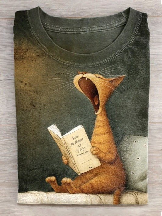 Women's Cat Art Print Vintage Short Sleeve T-Shirt