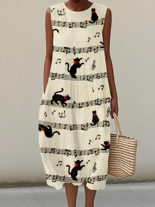 Women's Vintage Cat and Music Notes Print Linen Dress