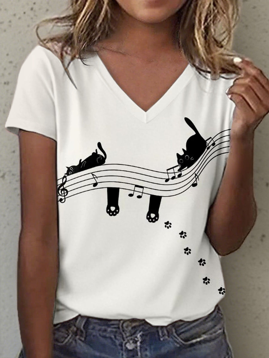 Women's Cat and Music Notes Art Print V-Neck T-Shirt