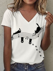 Women's Cat and Music Notes Art Print V-Neck T-Shirt