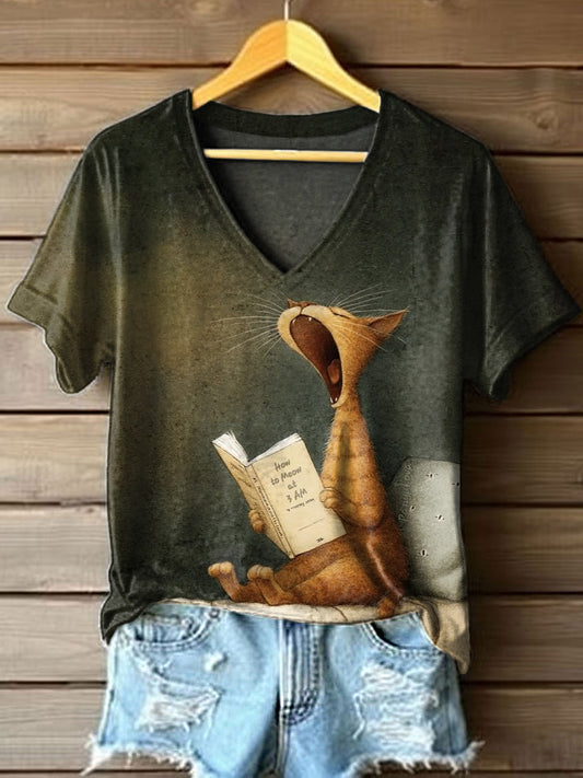 Women's Vintage Cat Art Print V-Neck T-Shirt