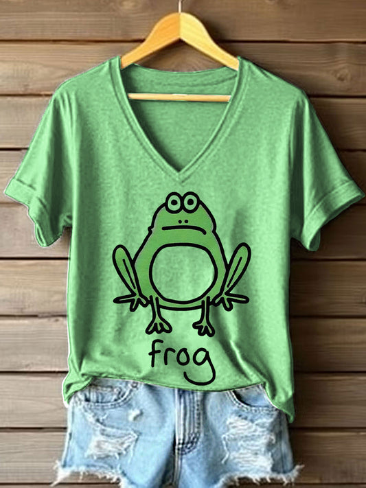 Women's Funny Frog Print V-Neck T-Shirt