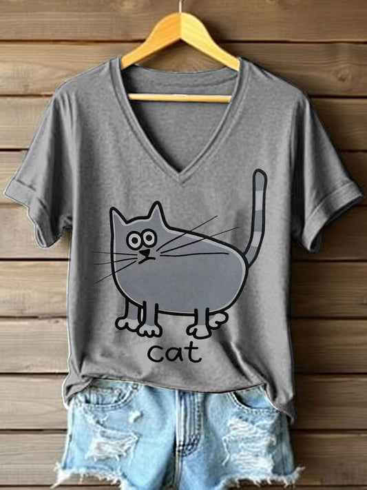 Women's Cute Cat Print V-Neck T-Shirt