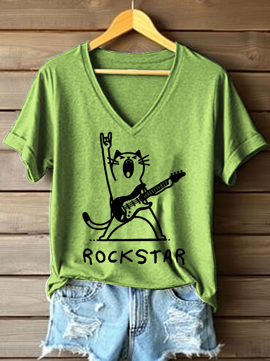 Women's Rock star Cat Print V-Neck T-Shirt