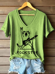 Women's Rock star Cat Print V-Neck T-Shirt