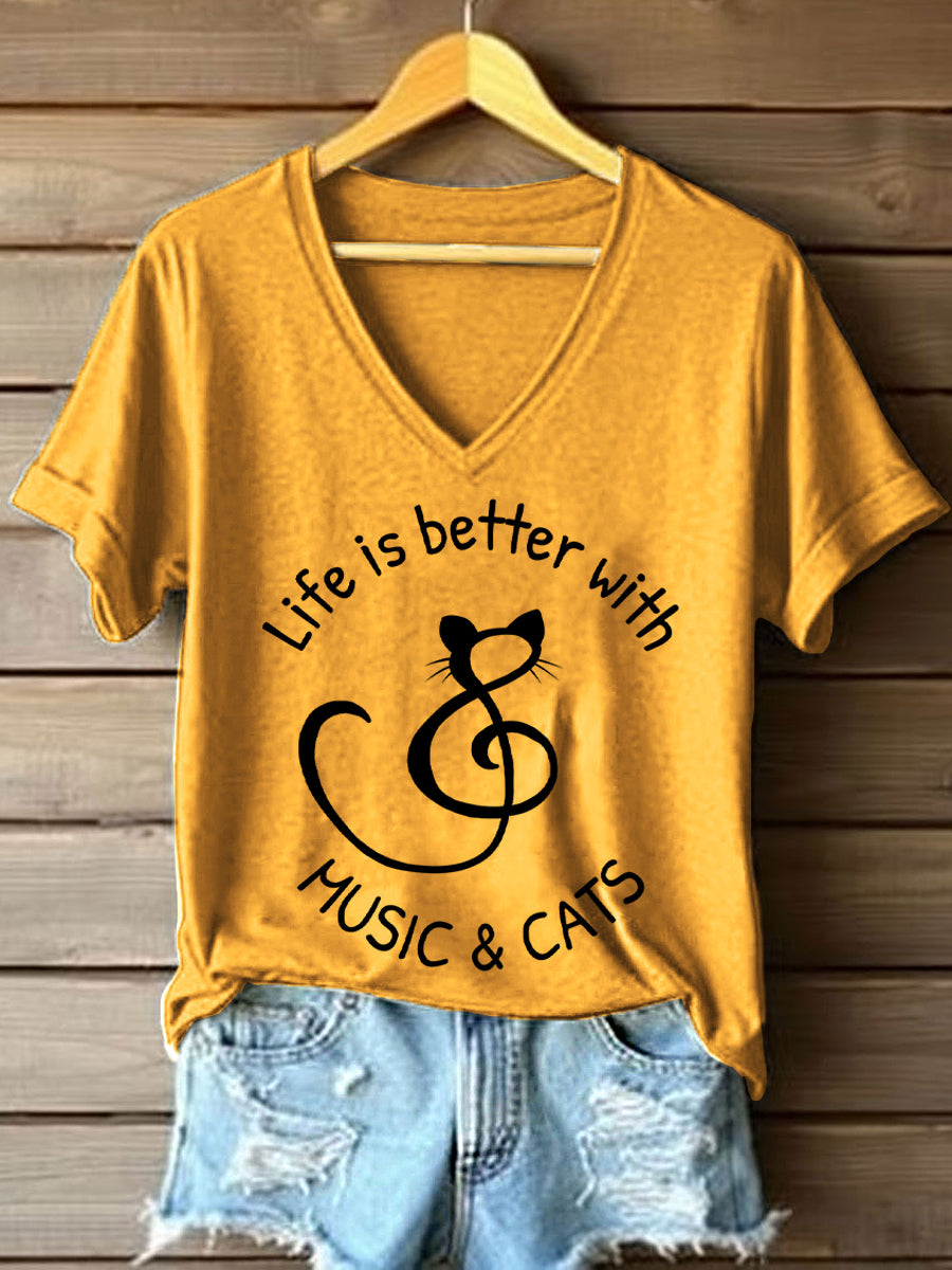 Women's Life Is Better With Music & Cats Print V-Neck T-Shirt