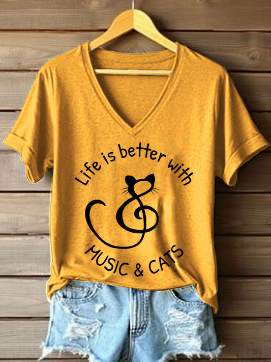 Women's Life Is Better With Music & Cats Print V-Neck T-Shirt