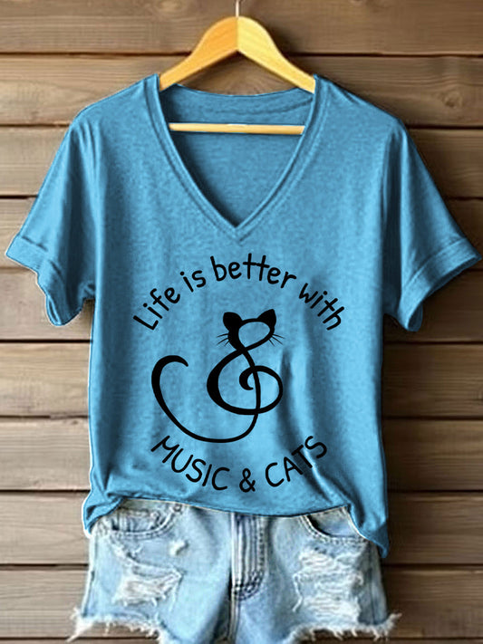 Women's Life Is Better With Music & Cats Print V-Neck T-Shirt