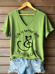 Women's Life Is Better With Music & Cats Print V-Neck T-Shirt