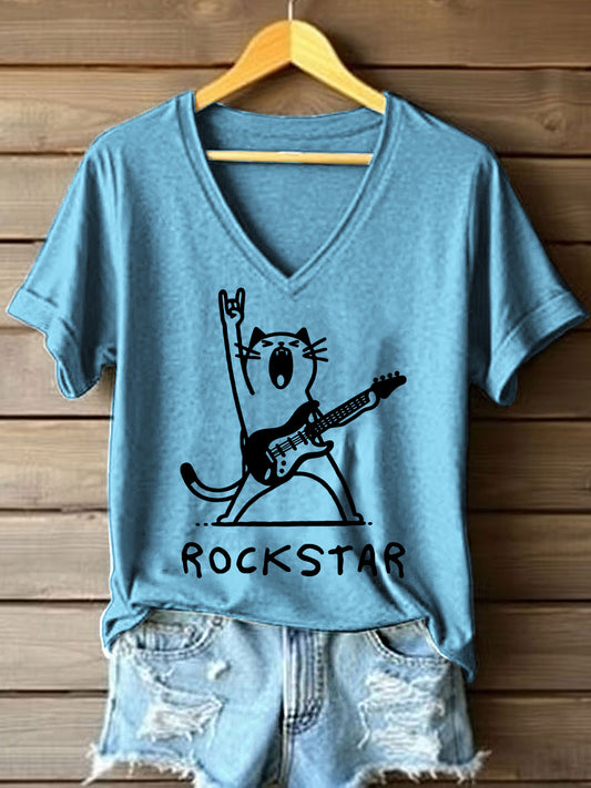 Women's Rock star Cat Print V-Neck T-Shirt