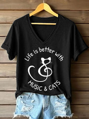 Women's Life Is Better With Music & Cats Print V-Neck T-Shirt