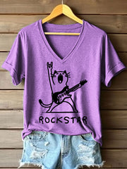 Women's Rock star Cat Print V-Neck T-Shirt