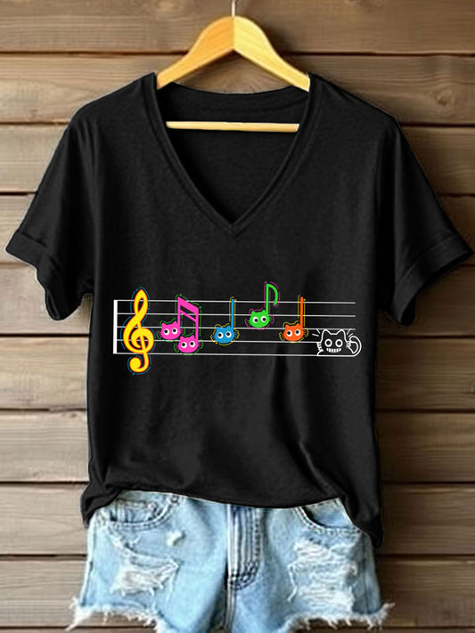 Women's Music Note Inspired Cat Print V-Neck T-Shirt