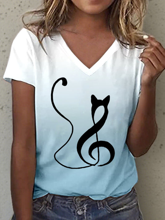 Women's Music Note Inspired Cat Print Gradient T-Shirt