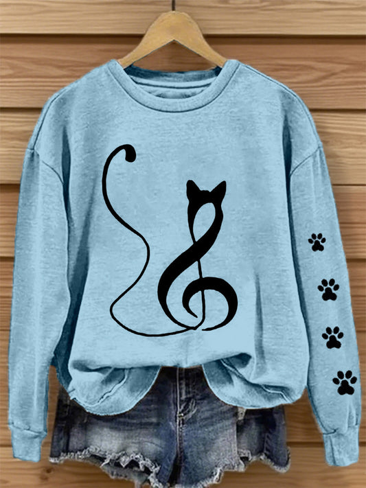 Women's Music Note Inspired Cat Print Sweatshirt