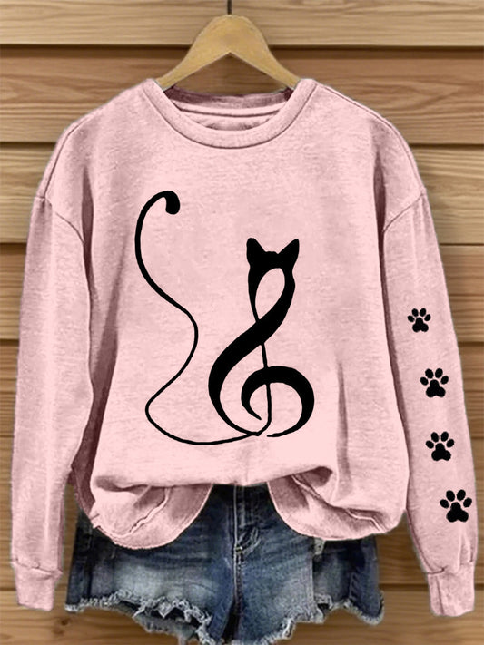 Women's Music Note Inspired Cat Print Sweatshirt