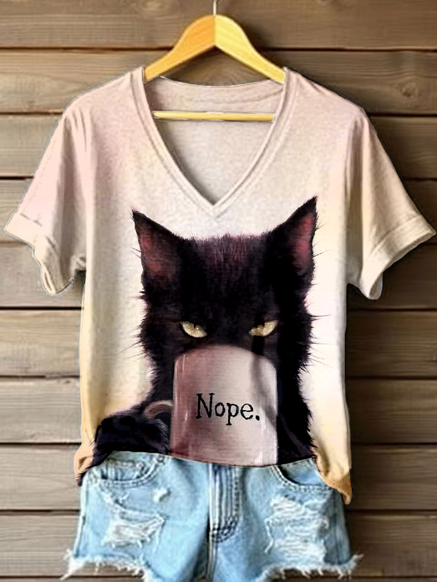 Women's Funny Cat Art Print V-Neck T-Shirt