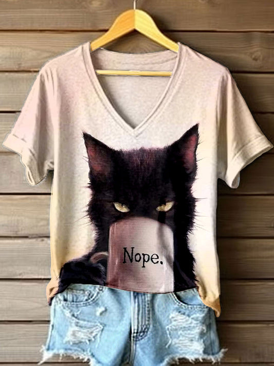 Women's Funny Cat Art Print V-Neck T-Shirt