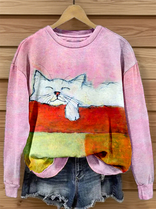 Women's Cute Cat Art Print Sweatshirt