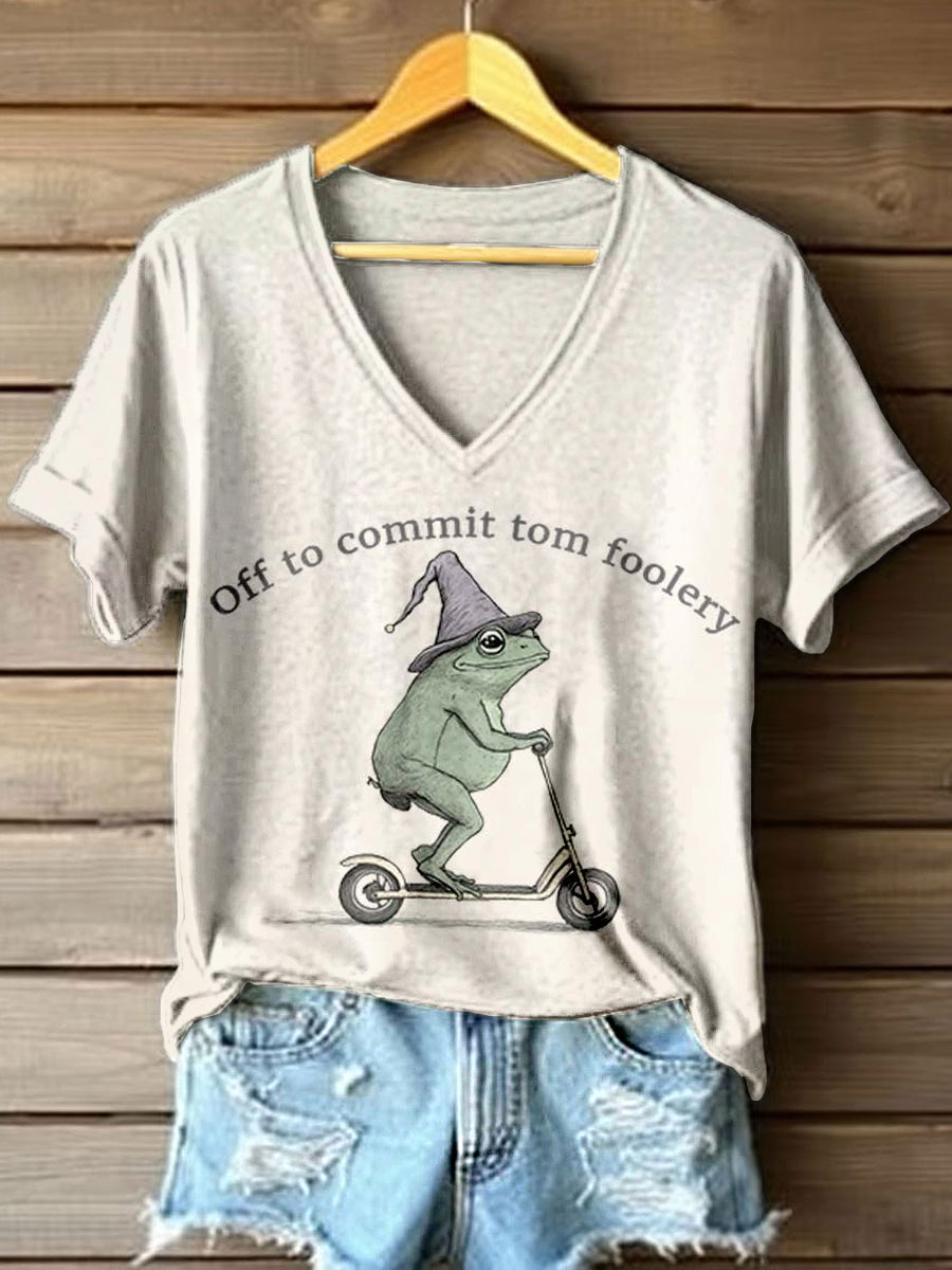 Women's Off To Commit Tom Foolery Frog Print V-Neck T-Shirt