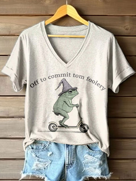 Women's Off To Commit Tom Foolery Frog Print V-Neck T-Shirt