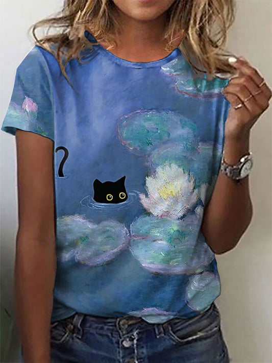 Women's Lotus and Black Cat casual T-shirts