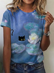 Women's Lotus and Black Cat casual T-shirts