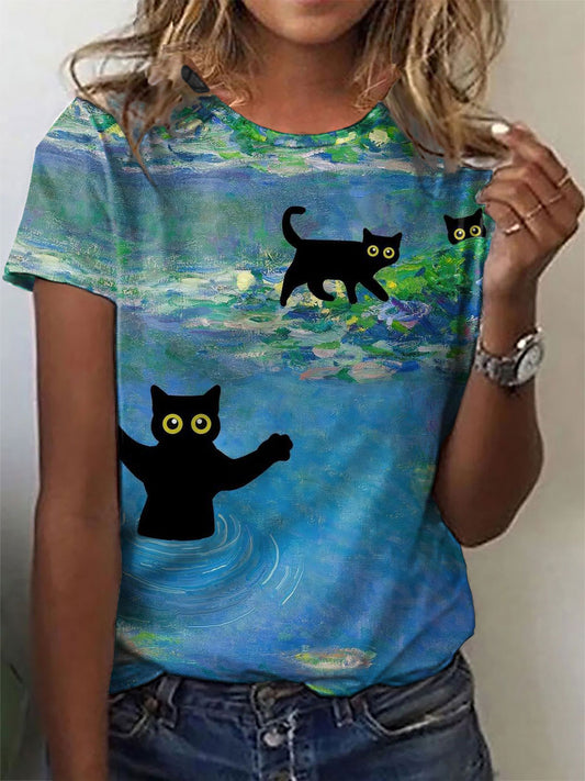 Women's Lotus and Black Cat casual T-shirts