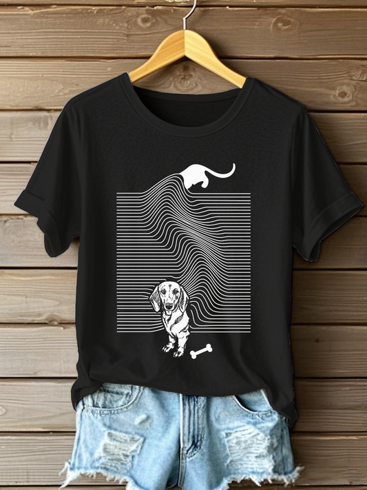 Women's Art Dog Stripe Print T-Shirt