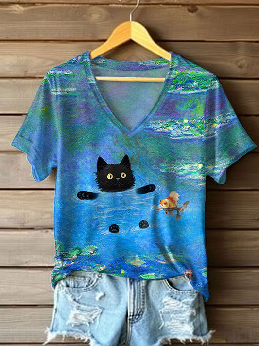 Women's Lotus and Black Cat V-Neck T-Shirts