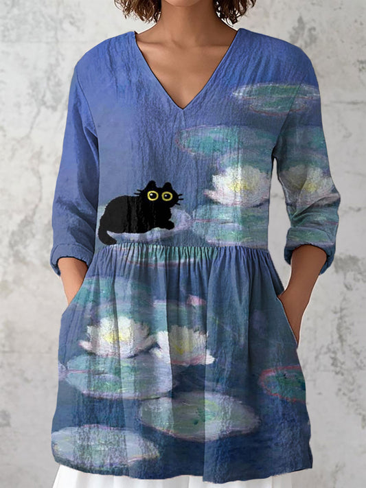 Women's Lotus and Black Cat V-neck tops