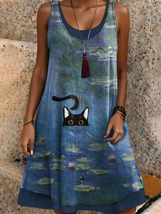 Women's lotus and black cat print casual dresss