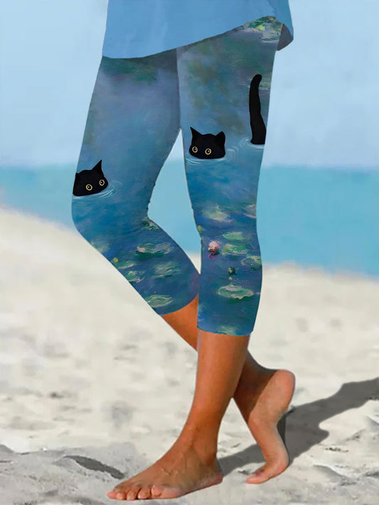 Women's Lotus and Black Cat print leggings