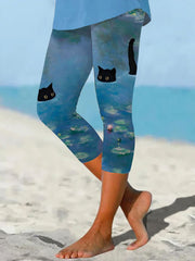 Women's Lotus and Black Cat print leggings