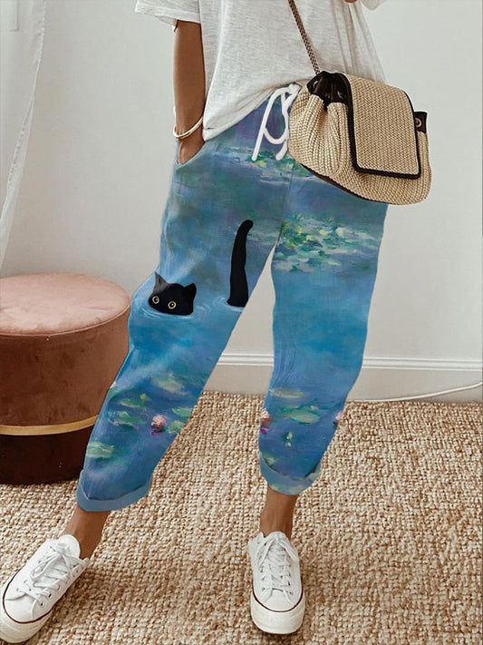 Women's lotus and black cat print casual pants