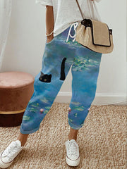 Women's lotus and black cat print casual pants