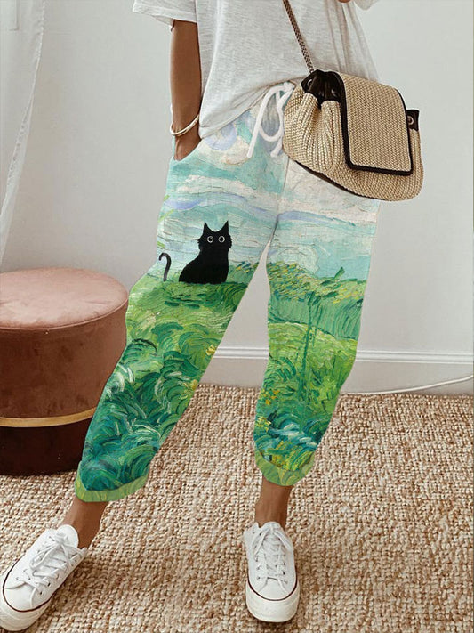 Women's black cat print casual pants