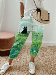 Women's black cat print casual pants