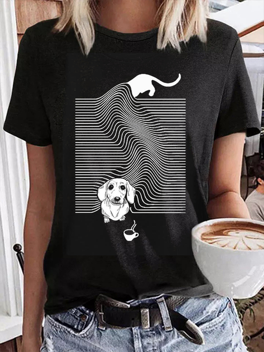 Women's Art Dog Stripe Print T-Shirt